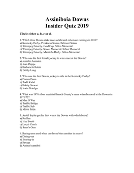 Assiniboia Downs Insider Quiz 2019