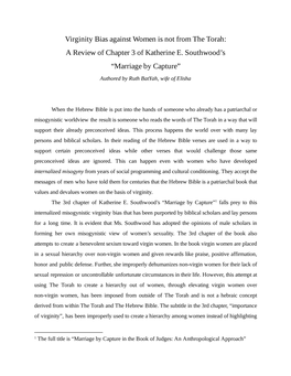 Virginity Bias Against Women Is Not from the Torah: a Review of Chapter 3 of Katherine E