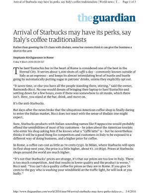 Arrival of Starbucks May Have Its Perks, Say Italy's Coffee Traditionalists | World News | T