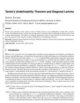 Arxiv:2009.00315V2 [Math.LO] 15 Sep 2020 Tarski's Undefinability Theorem and Diagonal Lemma