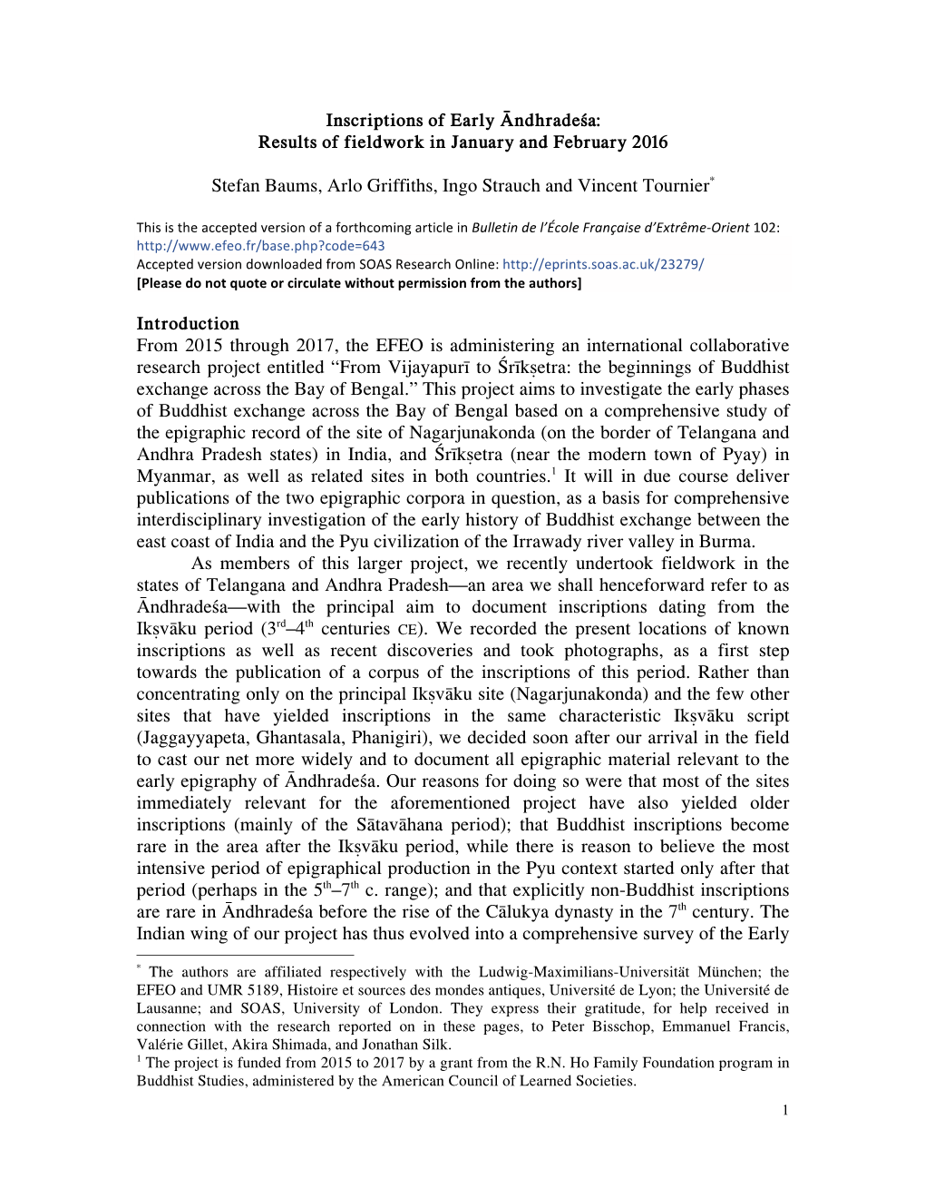 Inscriptions of Early Āndhradeśa: Results of Fieldwork in January and February 2016