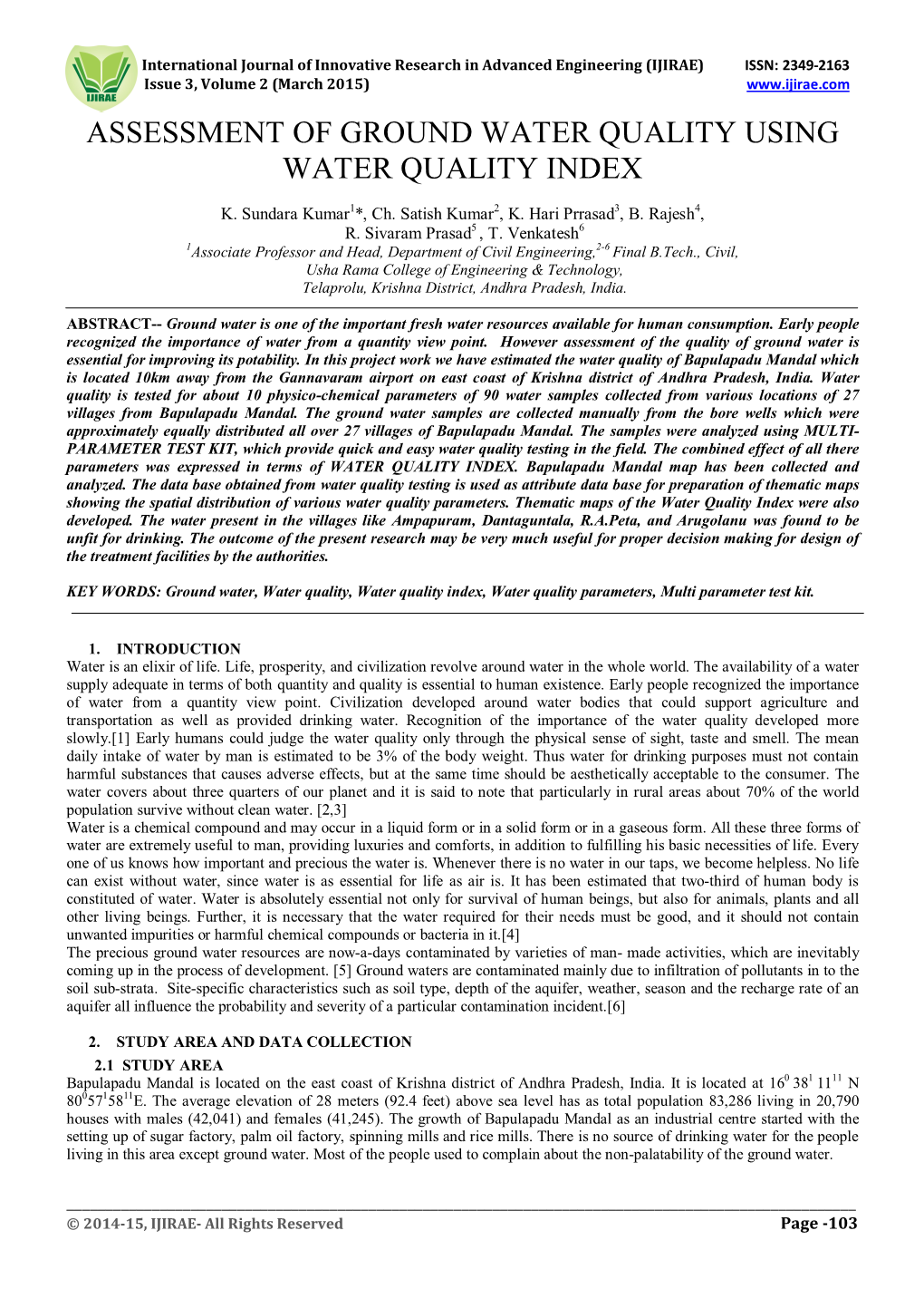 Assessment of Ground Water Quality Using Water Quality Index