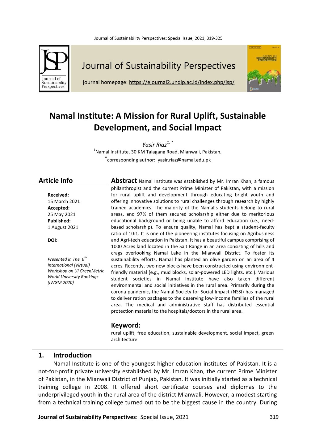 Journal of Sustainability Perspectives Namal Institute