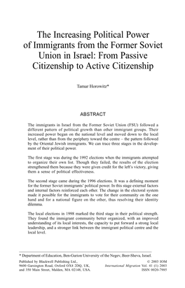 The Increasing Political Power of Immigrants from the Former Soviet Union in Israel: from Passive Citizenship to Active Citizenship