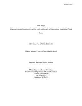 Final Report Characterization of Commercial Reef Fish Catch And