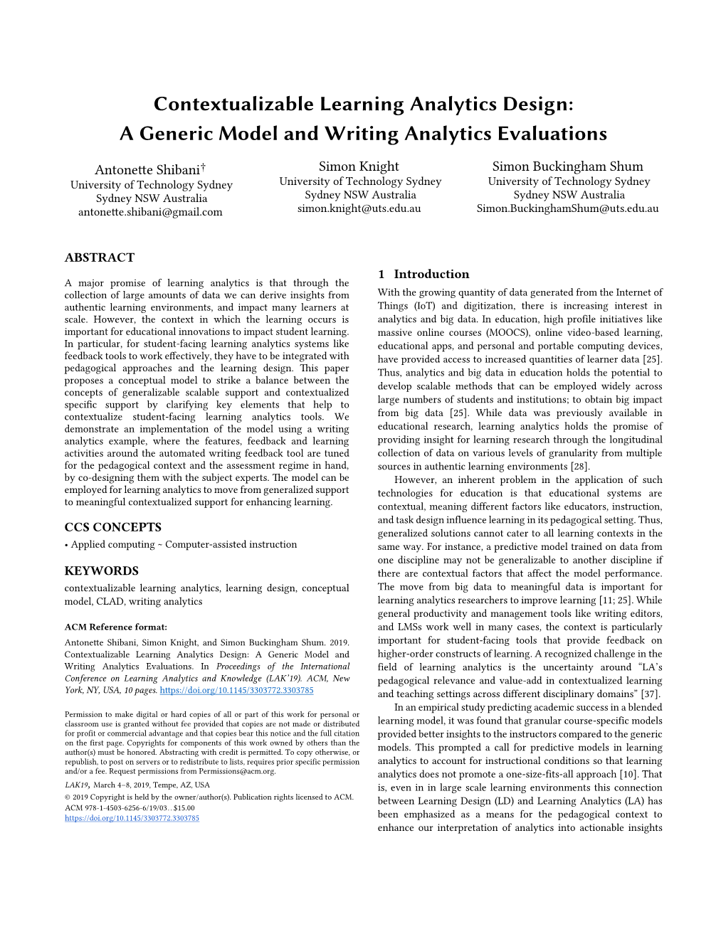 Contextualizable Learning Analytics Design: a Generic Model and Writing Analytics Evaluations