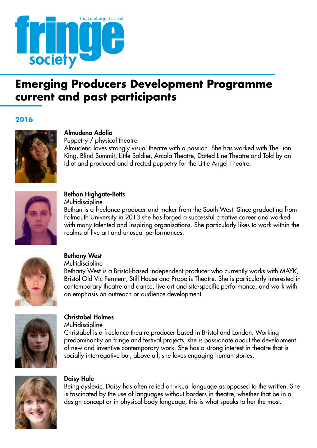 Emerging Producers Development Programme Current and Past Participants