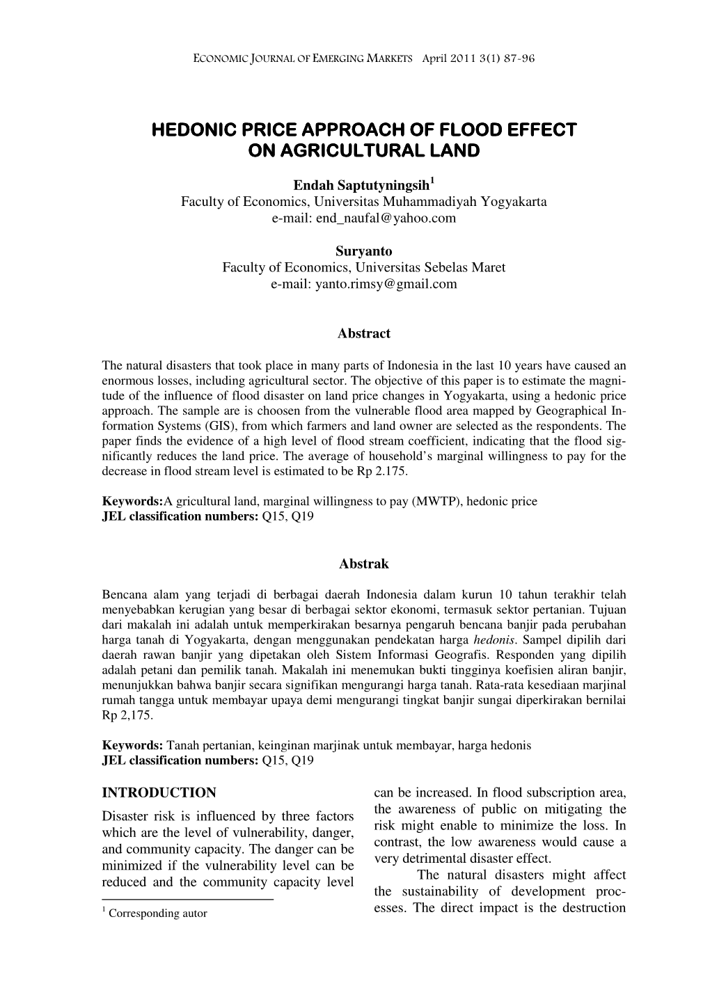 Hedonic Price Approach of Flood Effect on Agricultural Land