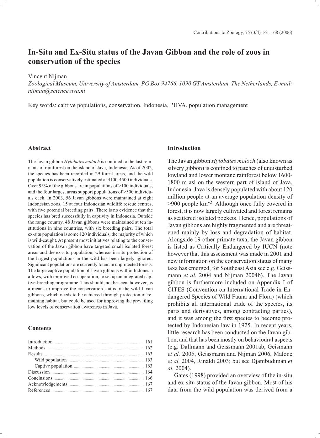 In-Situ and Ex-Situ Status of the Javan Gibbon and the Role of Zoos in Conservation of the Species