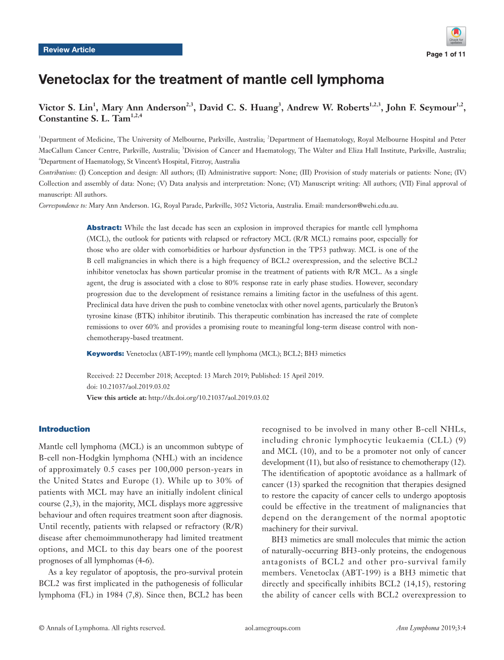 Venetoclax for the Treatment of Mantle Cell Lymphoma