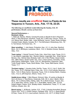 These Results Are Unofficial from La Fiesta De Los Vaqueros in Tucson, Ariz., Feb