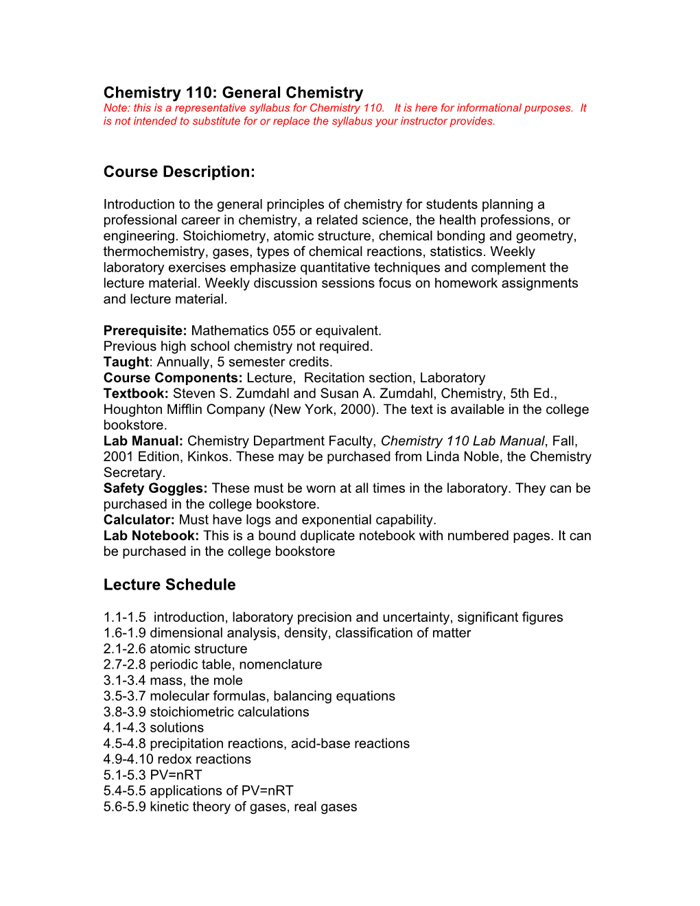 General Chemistry Course Description