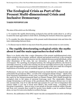 The Ecological Crisis As Part of the Present Multi-Dimensional Crisis and Inclusive Democracy - TAKIS FOTOPOULOS