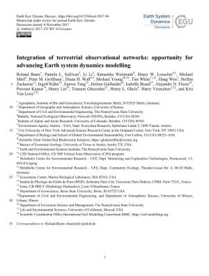 Integration of Terrestrial Observational Networks: Opportunity for Advancing Earth System Dynamics Modelling Roland Baatz1, Pamela L