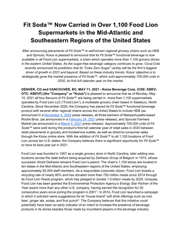 Fit Soda™ Now Carried in Over 1,100 Food Lion Supermarkets in the Mid-Atlantic and Southeastern Regions of the United States