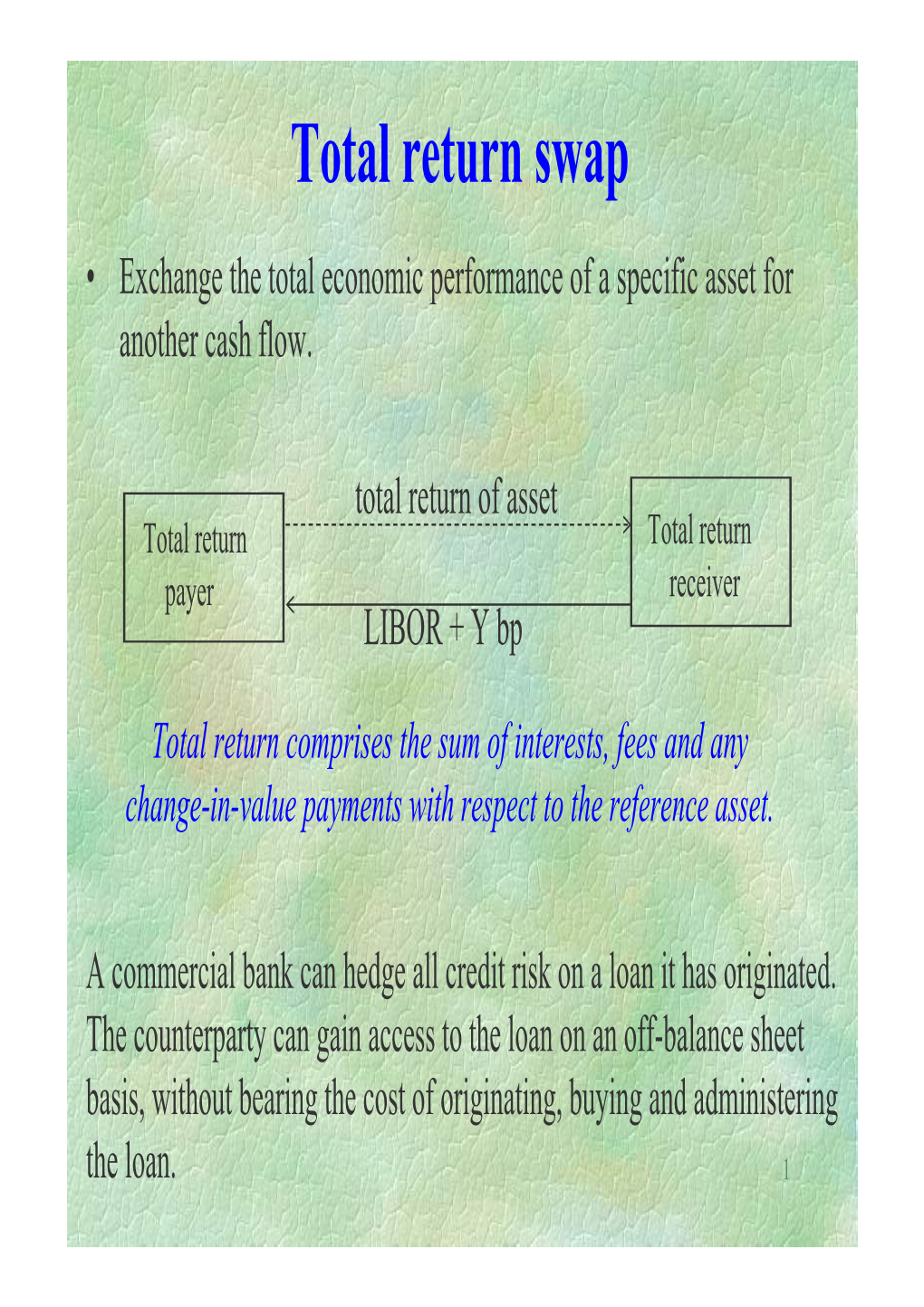 Total Return Swap • Exchange the Total Economic Performance of a Specific Asset for Another Cash Flow