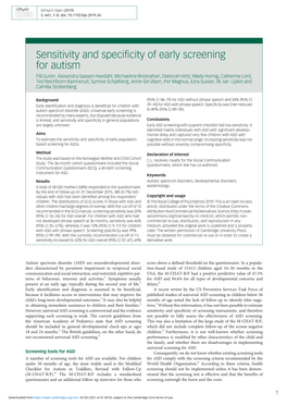 Sensitivity and Specificity of Early Screening for Autism