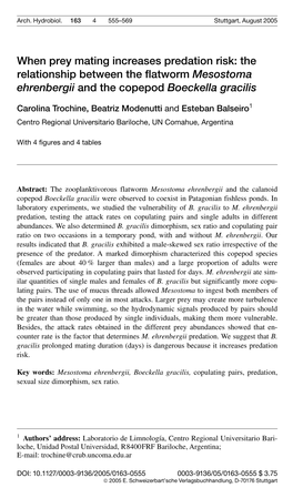 When Prey Mating Increases Predation Risk: the Relationship Between the Flatworm Mesostoma Ehrenbergii and the Copepod Boeckella Gracilis