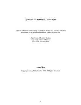 I Equalization and the Offshore Accords of 2005 a Thesis Submitted