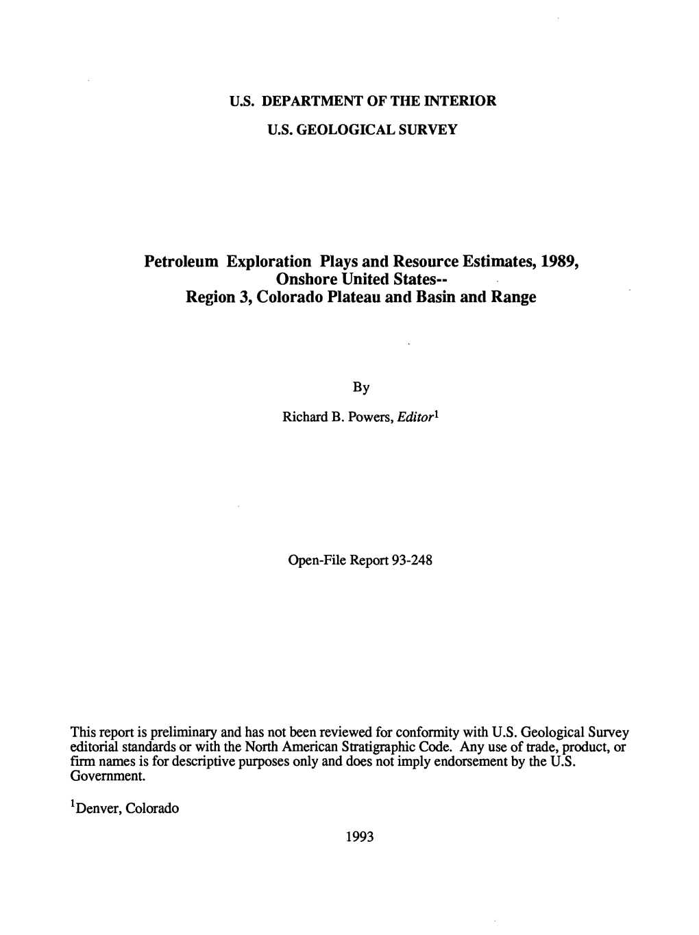 Petroleum Exploration Plays and Resource Estimates, 1989, Onshore United States-­ Region 3, Colorado Plateau and Basin and Range