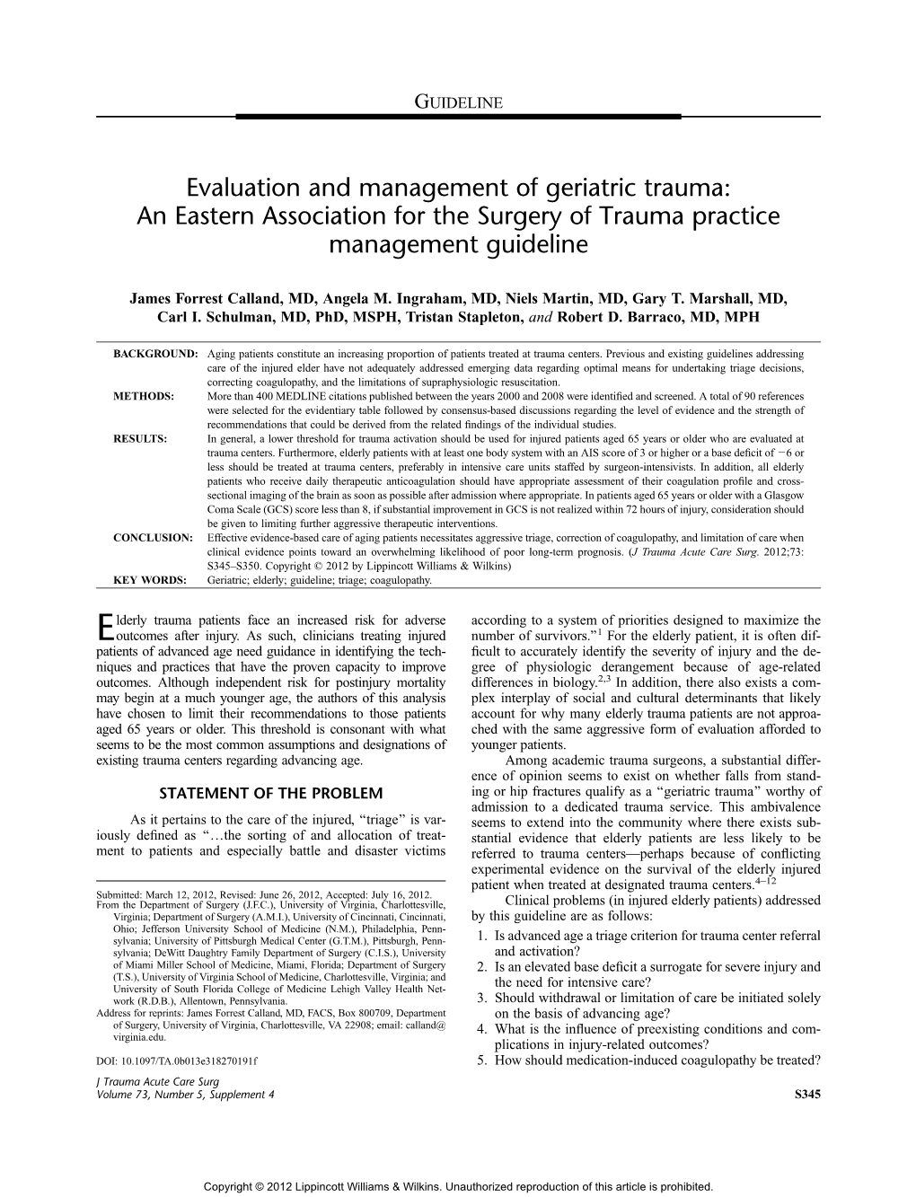 Evaluation and Management of Geriatric Trauma: an Eastern Association for the Surgery of Trauma Practice Management Guideline