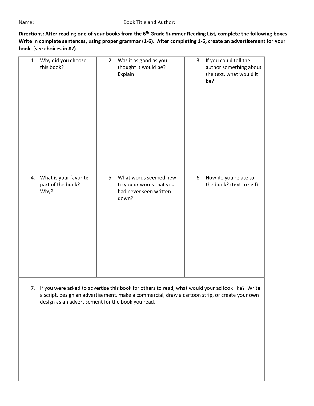 After Reading One of Your Books from the 6Th Grade Summer Reading List, Complete the Following Boxes