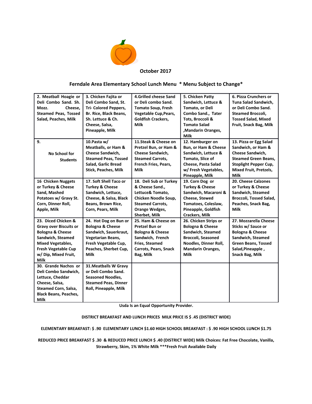 Ferndale Area Elementary School Lunch Menu * Menu Subject to Change*