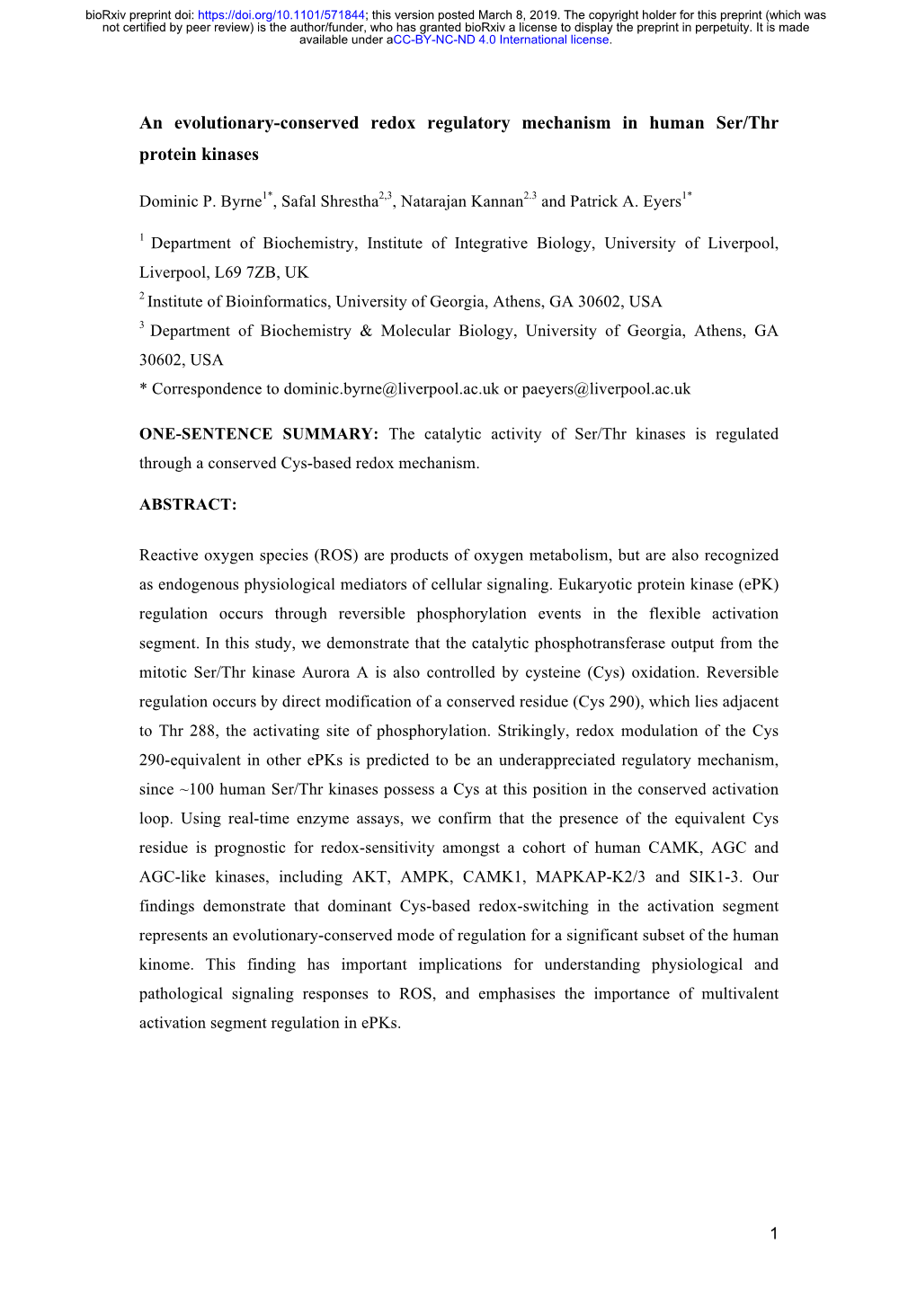 An Evolutionary-Conserved Redox Regulatory Mechanism in Human Ser/Thr Protein Kinases