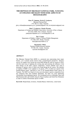 The Reptiles of Mkomazi National Park, Tanzania an Updated Checklist with Some Aspects of Biogeography