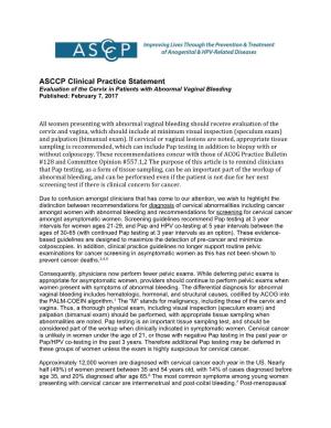 ASCCP Clinical Practice Statement Evaluation of the Cervix in Patients with Abnormal Vaginal Bleeding Published: February 7, 2017