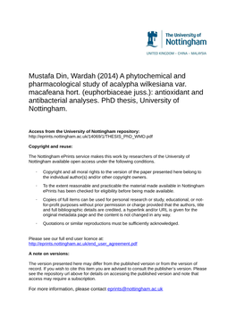 Mustafa Din, Wardah (2014) a Phytochemical and Pharmacological Study of Acalypha Wilkesiana Var