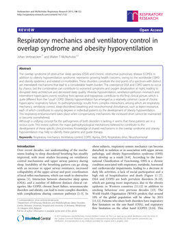 Respiratory Mechanics and Ventilatory Control in Overlap Syndrome and Obesity Hypoventilation Johan Verbraecken1* and Walter T Mcnicholas2,3