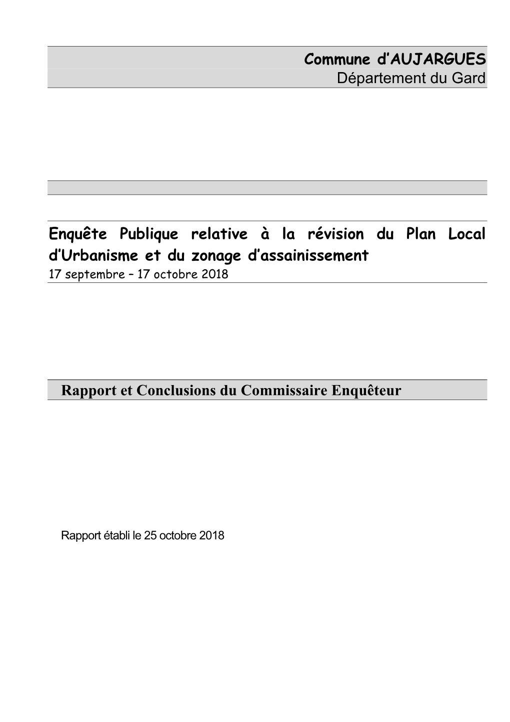 Commune D'aujargues Département Du Gard Enquête Publique Relative À La Révision Du Plan Local D'urbanisme Et Du Zonage D