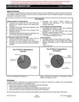 LABOR and INDUSTRY DEPT Agency Profile