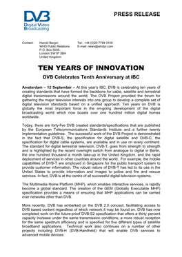 TEN YEARS of INNOVATION DVB Celebrates Tenth Anniversary at IBC