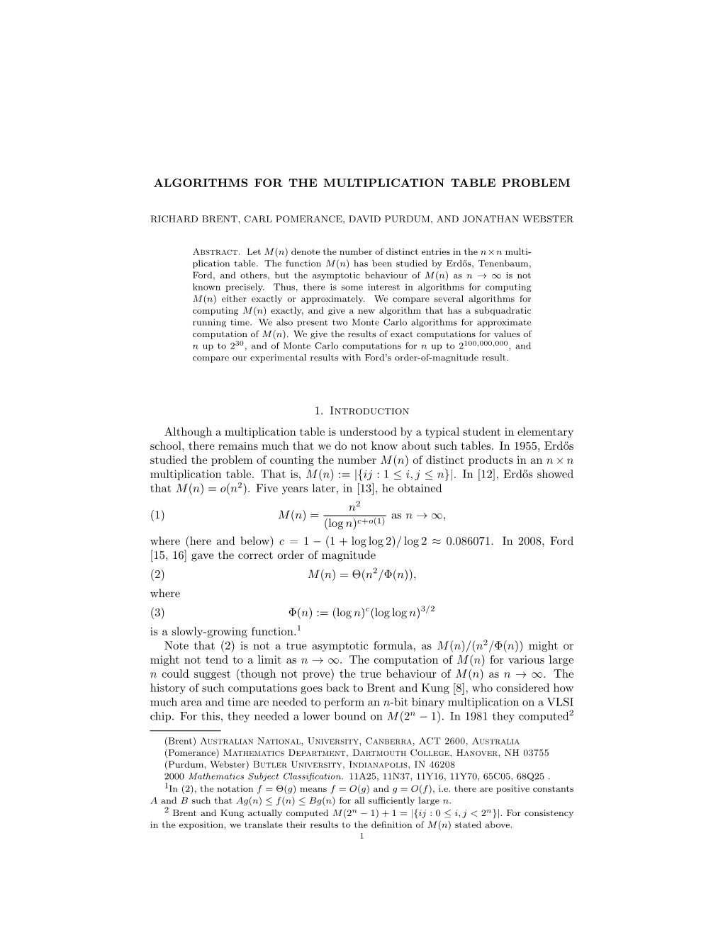 Algorithms for the Multiplication Table Problem