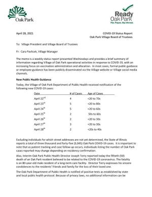April 28, 2021 COVID-19 Status Report Oak Park Village Board of Trustees To: Village President and Village Board of Trustees F