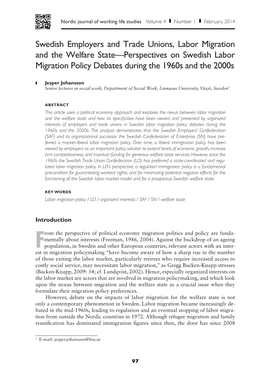 Swedish Employers and Trade Unions, Labor Migration and the Welfare State—Perspectives on Swedish Labor Migration Policy Debates During the 1960S and the 2000S