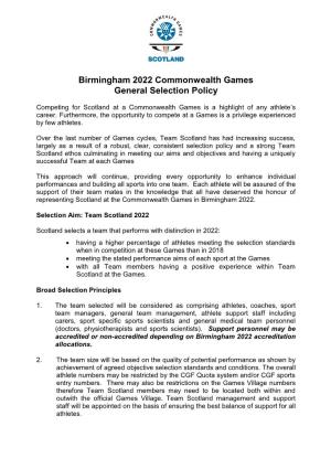 Birmingham 2022 Commonwealth Games General Selection Policy