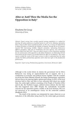 Alter Or Anti? How the Media See the Opposition in Italy1