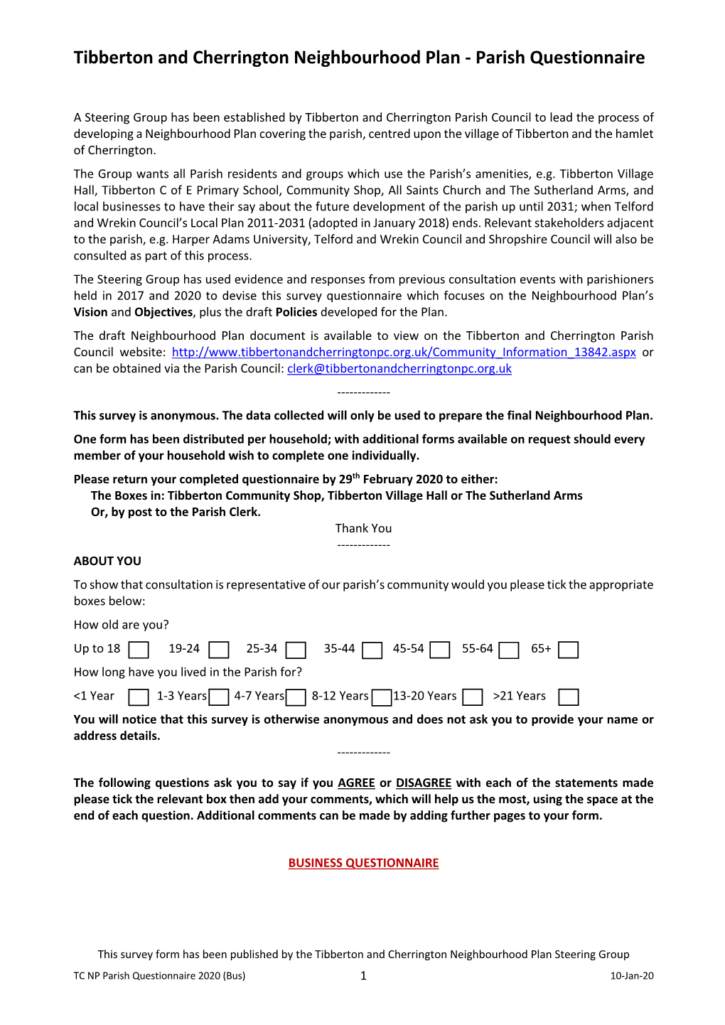 Tibberton and Cherrington Neighbourhood Plan - Parish Questionnaire