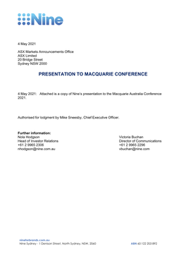 Presentation to Macquarie Conference