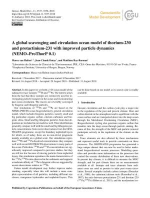 A Global Scavenging and Circulation Ocean Model of Thorium-230 and Protactinium-231 with Improved Particle Dynamics (NEMO–Prothorp 0.1)
