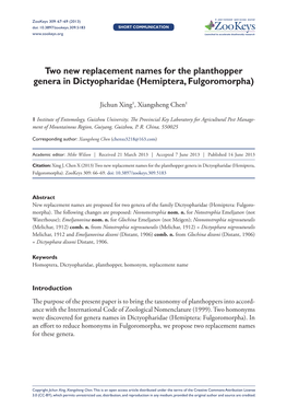 Two New Replacement Names for the Planthopper Genera in Dictyopharidae (Hemiptera, Fulgoromorpha)