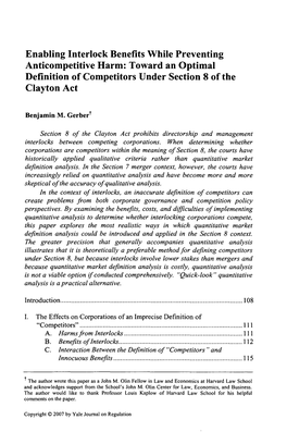 Enabling Interlock Benefits While Preventing Anticompetitive Harm: Toward an Optimal Definition of Competitors Under Section 8 of the Clayton Act