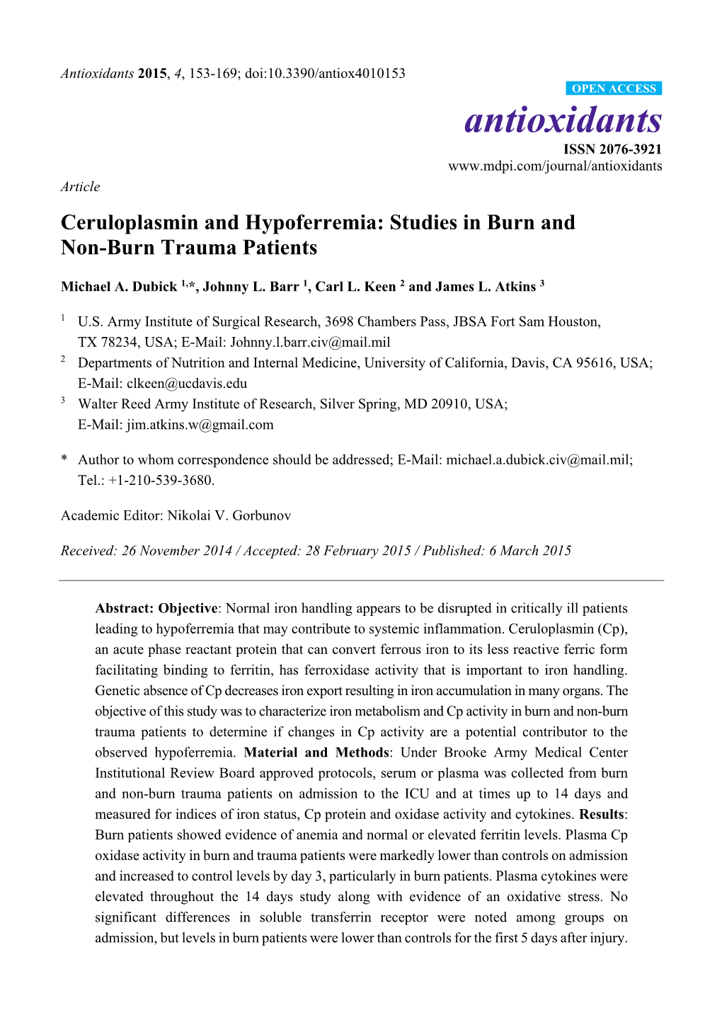 Ceruloplasmin and Hypoferremia: Studies in Burn and Non-Burn Trauma Patients