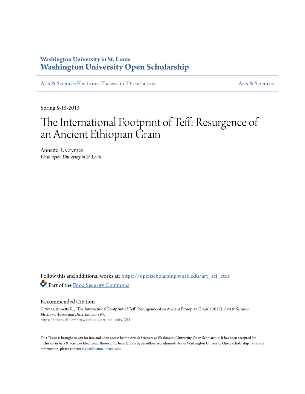 The International Footprint of Teff: Resurgence of an Ancient Ethiopian Grain by Annette R