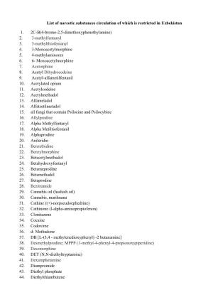 List of Narcotic Substances Circulation of Which Is Restricted in Uzbekistan