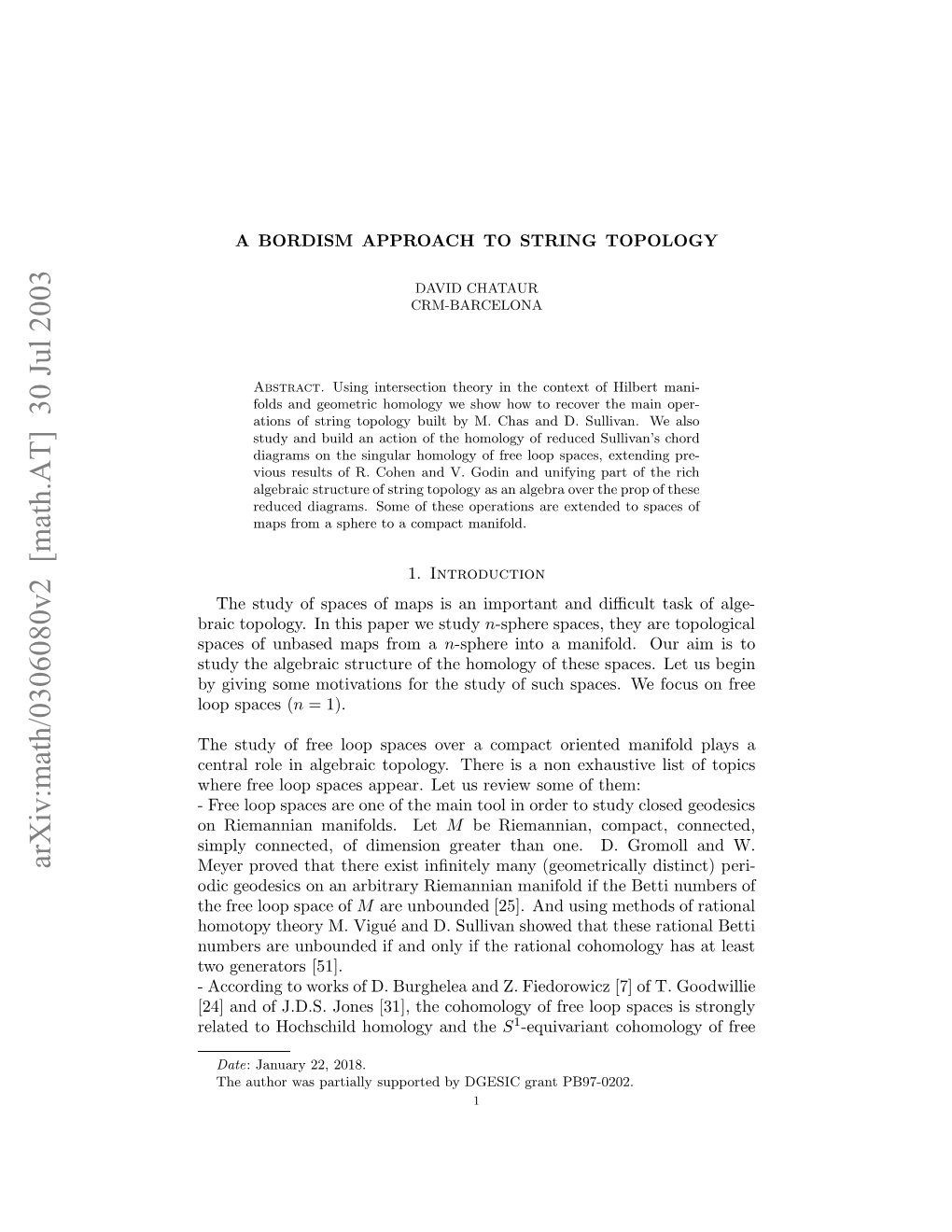 Arxiv:Math/0306080V2 [Math.AT] 30 Jul 2003 Relo Pcsaeoeo H Anto Nodrt Td Clo Study to Let Order in Tool Them: Manifolds