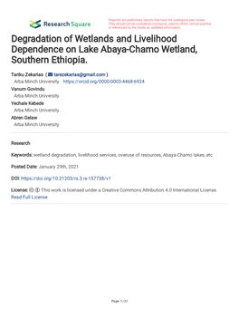 Degradation of Wetlands and Livelihood Dependence on Lake Abaya-Chamo Wetland, Southern Ethiopia